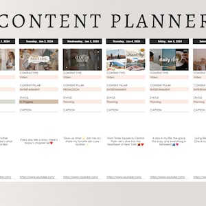 Pode incluir: Um planejador de conte&uacute;do com um layout de grade para agendamento de postagens de m&iacute;dia social. Cada dia da semana &eacute; representado por uma coluna, e cada linha inclui informa&ccedil;&otilde;es sobre o tipo de conte&uacute;do, o pilar de conte&uacute;do, o status e a legenda. O planejador inclui imagens de miniaturas de v&iacute;deo para cada dia.