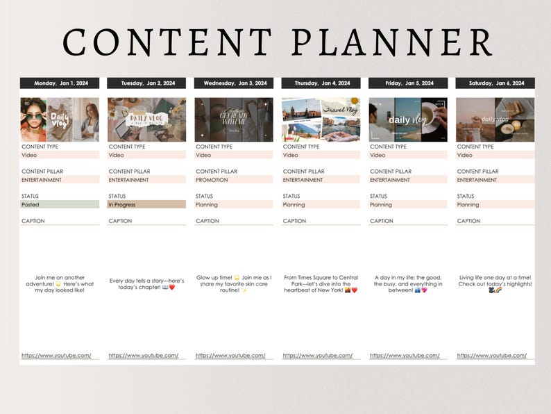 Pode incluir: Um planejador de conte&uacute;do com um layout de grade para agendamento de postagens de m&iacute;dia social. Cada dia da semana &eacute; representado por uma coluna, e cada linha inclui informa&ccedil;&otilde;es sobre o tipo de conte&uacute;do, o pilar de conte&uacute;do, o status e a legenda. O planejador inclui imagens de miniaturas de v&iacute;deo para cada dia.