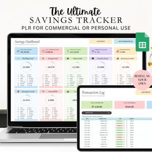 Può includere: Un tracker di risparmio digitale visualizzato su uno schermo di laptop e tablet. L'interfaccia presenta una dashboard di risparmio e un registro delle transazioni con grafici colorati e dati finanziari. Testo: The Ultimate SAVINGS TRACKER.