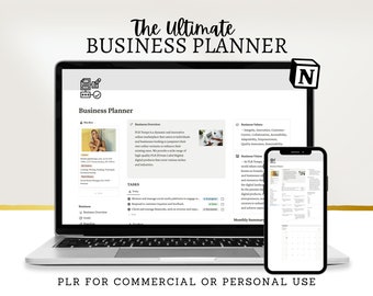 Może przedstawiać: Laptop z ekranem wyświetlającym szablon planu biznesowego z tekstem "The Ultimate Business Planner" u góry. Ekran pokazuje sekcję dla przeglądu biznesu, zadań i miesięcznego podsumowania. Widoczny jest również ekran smartfona, który wyświetla kalendarz i sekcję dla wartości biznesowych. Tekst "PLR for Commercial or Personal Use" jest wyświetlany pod laptopem i smartfonem.