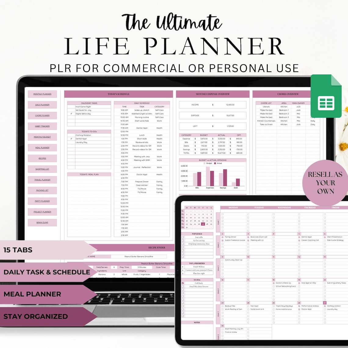 PLR Life Planner Google Sheets Template: Resell Rights, Productivity ...