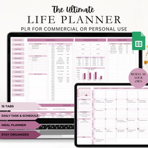 Op de afbeelding: Twee tablets tonen een digitale levensplanner in roze en wit. De planner bevat secties voor dagelijkse taken, maaltijdplanning en georganiseerd blijven. De tekst luidt "The Ultimate Life Planner" en "PLR for Commercial or Personal Use."