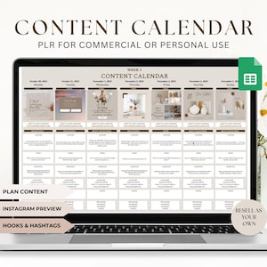 Könnte beinhalten: Ein Laptop-Bildschirm zeigt eine Content-Kalender-Vorlage für soziale Medien. Der Kalender ist in Wochentage unterteilt, wobei jeder Tag ein anderes Bild und Bildunterschriften-Ideen enthält. Die Vorlage soll Benutzern helfen, ihre Social-Media-Inhalte zu planen und zu planen.