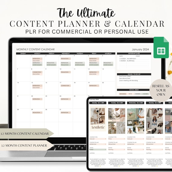 PLR Social Media Content Calendar: Google Sheets Planner (Commercial Rights)