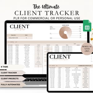 Op de afbeelding: Een laptop en een tablet-scherm waarop een spreadsheet wordt weergegeven met de titel "Client Tracker". De spreadsheet heeft kolommen voor datum, klant-ID, contactnaam, status, prioriteit, telefoon, e-mail en lead-adres. De spreadsheet is ontworpen om bedrijven te helpen hun klanten en projecten bij te houden. De afbeelding bevat ook de tekst "The Ultimate Client Tracker" en "PLR for Commercial or Personal Use".