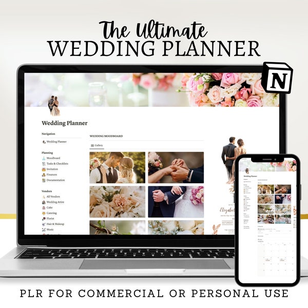 PLR Wedding Planner Notion Template, Notion Wedding Timeline Calendar, Wedding Vendors, Digital Wedding Planner, Wedding Budget Template PLR