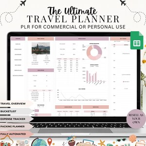 May include: A laptop computer screen displaying a spreadsheet with a travel planner template. The spreadsheet includes sections for travel overview, bucket list, expense tracker, packing planner, and daily itinerary. The spreadsheet is fully automated and can be used for personal or commercial use.
