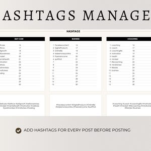 Pode incluir: Uma folha de c&aacute;lculo imprim&iacute;vel em preto e branco com o t&iacute;tulo "Hashtags Manager". A folha de c&aacute;lculo est&aacute; dividida em tr&ecirc;s se&ccedil;&otilde;es: Autocuidado, Neg&oacute;cios e Coaching. Cada se&ccedil;&atilde;o tem uma lista de 15 hashtags relacionadas ao tema. A folha de c&aacute;lculo inclui uma marca de verifica&ccedil;&atilde;o e o texto "ADICIONAR HASHTAGS PARA CADA POSTAGEM ANTES DE PUBLICAR".