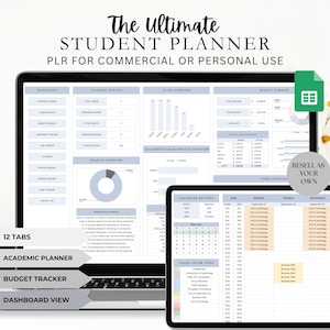 May include: A digital student planner displayed on a laptop and tablet. The planner includes sections for academic details, class overview, budget summary, and task overview. Text on the screen reads "The Ultimate Student Planner" and "Resell as your own."