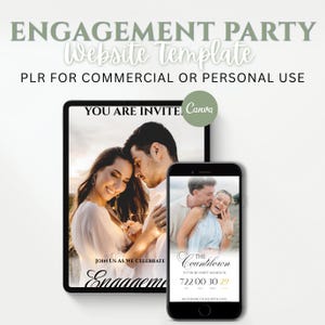 May include: An engagement party website template displayed on a tablet and a smartphone. The screens show photos of couples and text including "YOU ARE INVITED," "JOIN US AS WE CELEBRATE," "Engagement," "THE Countdown," and a countdown timer.