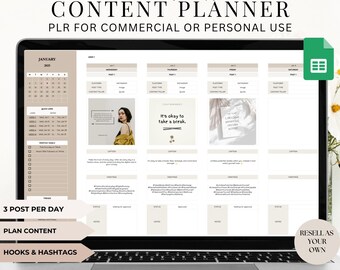 Puede incluir: Una pantalla de computadora portátil que muestra una plantilla de planificador de contenido con un calendario, ejemplos de publicaciones en redes sociales y secciones para planificar contenido, ganchos y hashtags. El texto "The Ultimate Content Planner" está en la parte superior de la pantalla. El texto "3 Post Per Day" está en la parte inferior izquierda de la pantalla.