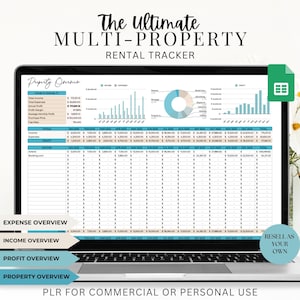 Può includere: Uno schermo di computer portatile che mostra un foglio di calcolo con uno schema di colori blu e turchese. Il foglio di calcolo è intitolato "The Ultimate Multi-Property Rental Tracker" e include colonne per entrate, spese e profitti. Il foglio di calcolo include anche grafici e diagrammi per visualizzare i dati. Il testo "PLR for Commercial or Personal Use" è visualizzato nella parte inferiore dello schermo.