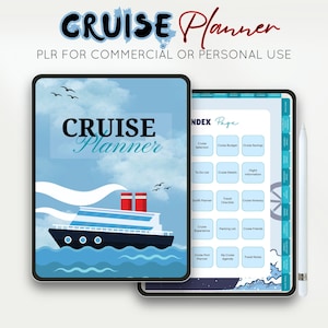May include: A digital cruise planner with a blue cover featuring a ship illustration and the words "CRUISE Planner." The open planner displays an index page with various cruise-related categories. A stylus is next to the planner.