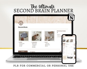 May include: A laptop and a smartphone display a website with the text "Second Brain" and a brain icon. The website is a planner with sections for work, personal, and daily tasks. The text "The Ultimate Second Brain Planner" is displayed above the laptop. The text "PLR for Commercial or Personal Use" is displayed below the laptop.
