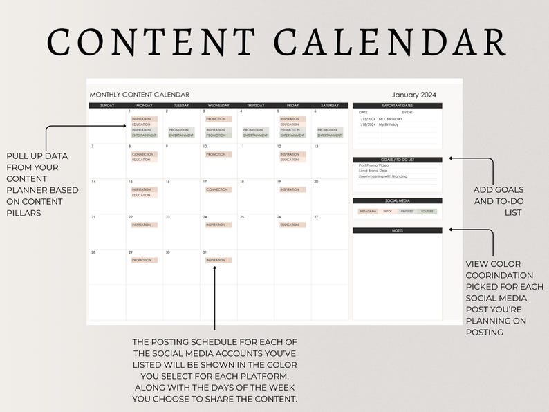 Pode incluir: Um planejador de calend&aacute;rio de conte&uacute;do com uma grade mensal para janeiro de 2024. O calend&aacute;rio inclui se&ccedil;&otilde;es para datas importantes, objetivos, lista de tarefas e m&iacute;dia social. O calend&aacute;rio foi projetado para ajudar os usu&aacute;rios a planejar e agendar seu conte&uacute;do.
