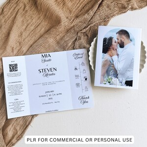 May include: A wedding invitation suite with a photo of a couple kissing, and a tri-fold invitation with event details. The invitation is white with black text, including the names Mia Susilo and Steven Morales, and the date and time of the wedding.