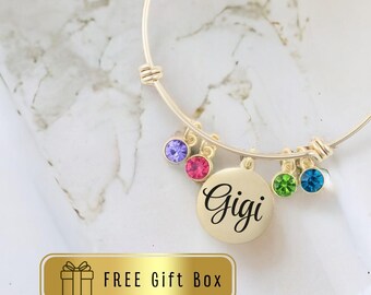 Personalized Gigi Bracelet with Birthstones & Initials, Engraved Grandma Bangle, Custom Mother’s Day Gift for Gigi