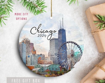 Chicago Skyline Ornament, Chicago City Ornament, Chicago Illinois Gift, Chicago Cityscape, Personalized Travel ornament 2025, Chi town Gift