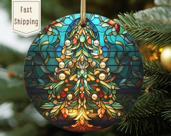 2025 Christmas Ornament, Stained Glass Christmas Decor, Holiday Gift tree Heirloom, Keepsake Round Ceramic Ornament, Christmas Gift Exchange