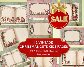 May include: Twelve vintage Christmas pages featuring cute kids, Santa Claus, reindeer, and other festive elements. Each page is a 5.83 x 8.27 inch open book with a white background and a green and red border. The pages are perfect for scrapbooking, card making, or other craft projects.