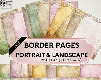 Junk JOURNAL, BORDER Lined Paper, Ruled Landscape, Portrait Plain Gold, 8.5 x 11, Neutral, Dyed Page, Vintage Scrapbook, Download, Printable