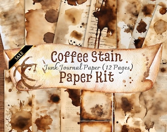 Vintage COFFEE STAIN JOURNAL Kit, Blank Page, Junk Journal, Rice Paper Scrapbook, Scrap Craft Making, Ephemera, Distressed Coffee Download