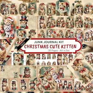 Joli chaton de Noël VINTAGE, kit de journal indésirable, ensemble de chats victoriens, page Jpg imprimable avec éphémères, carte, coupe difficile, étiquette, papier, album