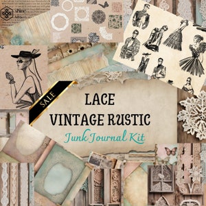 LACE Vintage JUNK JOURNAL Kit (Druckbare Jpg-Seiten mit Ephemera, Cover, Papier, Lesezeichen, Tag), Neutral, Weiß, Rustikaler digitaler Download Chic