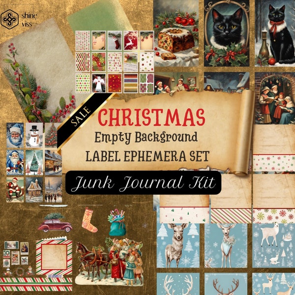 Christmas Ephemera Label Junk Journal Kit, Printable Empty Background PNG, Page Cover, Card, Fussy Cut, Tag, Vintage Set Digital, Scrapbook