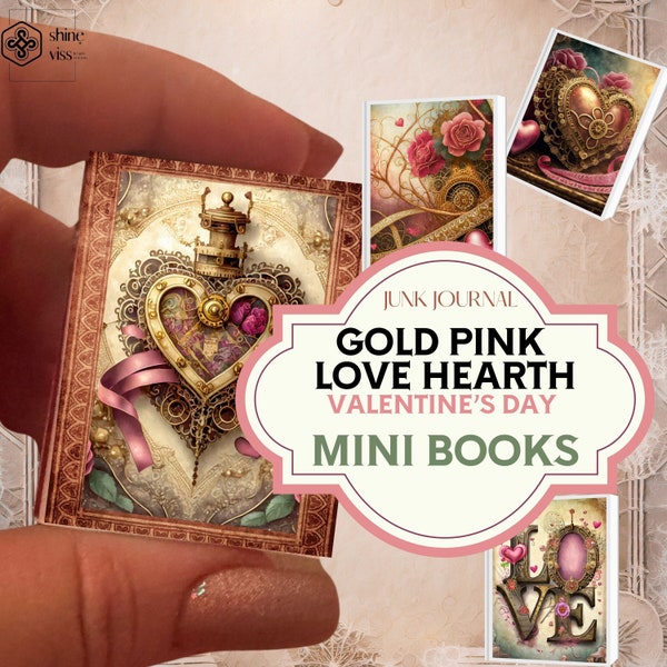 Gold Pink Love Mini Books, Junk Journal, Charm, Saint-Valentin, Cadeau pour lui, Imprimable, Miniature, Roses, Valentine Tag, Kit d’embellissement