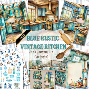 Vintage BLUE Kitchen JUNK JOURNAL Kit, Efímera de acuarela, Portada, Tarjeta, Sobre, Papel de regalo rústico, Álbum de recortes, Suministros de granja de campo