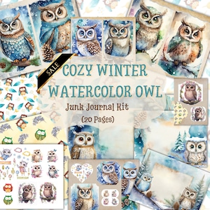 Zestaw Cozy Winter OWL JUNK JOURNAL, akwarelowe ephemera, karta, koperta, papier prezentowy vintage, album, artykuły dla zwierząt Night Bird, Goodnotes