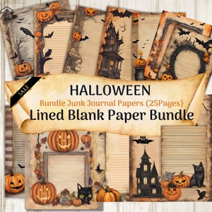 Könnte beinhalten: Eine Sammlung von Halloween-Themen-Junk-Journal-Papieren. Die Papiere zeigen Illustrationen von Kürbissen, Fledermäusen, Spukhäusern und schwarzen Katzen. Der Text auf dem Banner lautet "HALLOWEEN Bundle Junk Journal Papers (25 Pages) Lined Blank Paper Bundle".