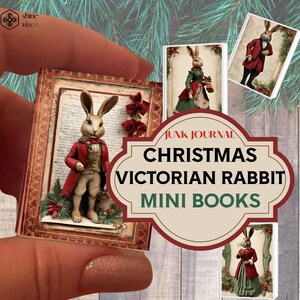 Mini Bücher, Viktorianisches Kaninchen, Osterhase, Junk Journal, Buch, Ornament, Kinder, Geschenk, Miniatur, Rot, Grün, Printable, Digital Download