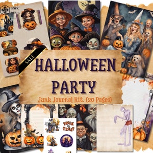 Vintage HALLOWEEN Party, Antique Junk JOURNAL Kit, Page JPG Ephemera, Fussy Cut Tag, Scrapbook Embellishment,Witches, Ghost, Halloween Party
