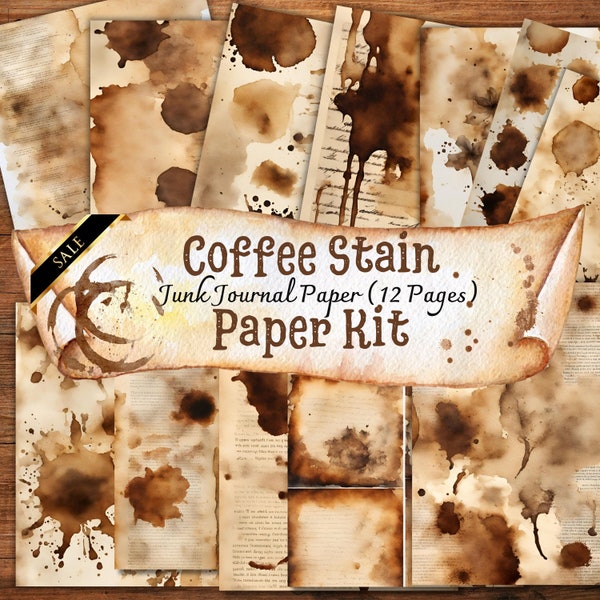 Vintage COFFEE STAIN JOURNAL Kit, Blank Page, Junk Journal, Rice Paper Scrapbook, Scrap Craft Making, Ephemera, Distressed Coffee Download