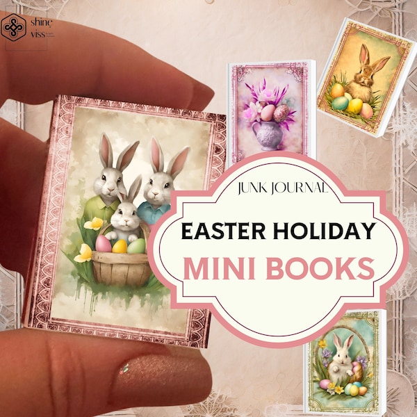 Mini Books, Vintage Easter Holiday, Flower Bunny Egg, Junk Journal Kit, Scrapbook, Book, Ornament, Gift, Miniature Folio, Sweetie Printable