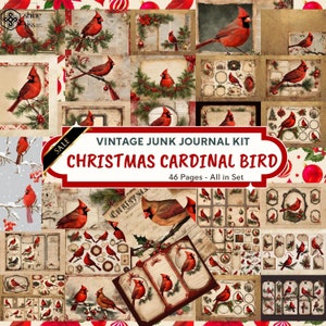 Vintage CHRISTMAS Cardinal BIRD Junk JOURNAL Kit, Victoria Neutral Winter, Red Rustic, Page Ephemera, Card, Fussy Cut, Tag, Paper, Scrapbook
