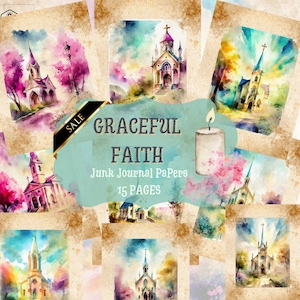 kit vintage GRACEFUL FAITH Junk JOURNAL, Jpg imprimable, ensemble d'étiquettes édouardiennes, scrapbooking, rose bleu beige, éphémères, coupe difficile, église chrétienne