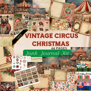 Vintage CIRCUS CHRISTMAS Junk JOURNAL Kit, Printable Jpg Page Ephemera, Cover, Card, Fussy Cut, Tag, Santa Digital Paper, Scrapbook Download