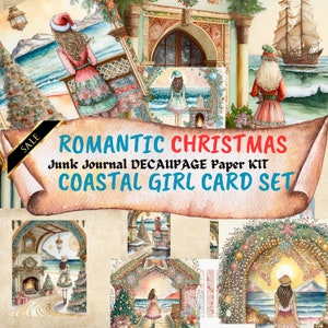 NATALE ROMANTICO COSTIERO Pagina di diario spazzatura per ragazza, kit di carta per album digitale, stampabile, foglio di collage di texture, set di effimeri vintage, riso