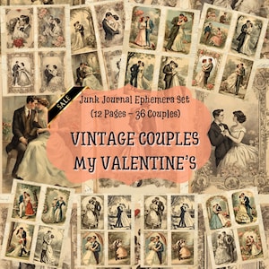 Vintage Couple My Valentine Junk Journal Kit, Print JPG Page Ephemera, Cover, Card Tag, Fussy Cut, Vintage Edwardian Scrapbook, Love Hearth