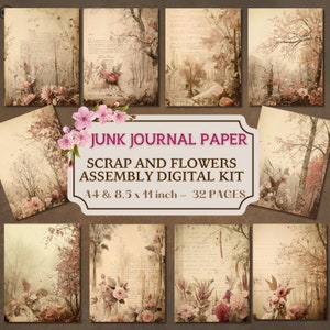 Kit digitale di ritagli vintage e assemblaggio floreale, album di ritagli effimeri, diario di carta per collage, fiori autunnali, primavera, rosa marrone stampabile