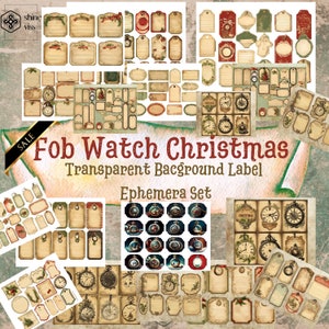 Vintage Fob Watch Ephemera Label Junk Journal Kit, afdrukbare lege achtergrond PNG, Edwardiaanse kaart, kieskeurig knippen, tag, kerstset, plakboek