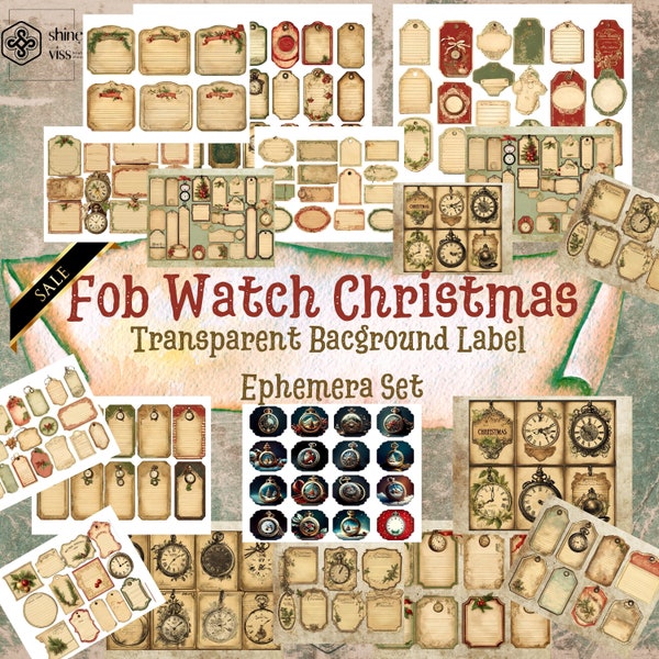 Vintage Fob Watch Ephemera Label Junk Journal Kit, Printable Empty Background PNG, Edwardian Card, Fussy Cut, Tag, Christmas Set, Scrapbook