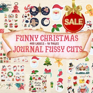Funny Christmas Junk JOURNAL FUSSY CUTS Kit, Printable Empty Background Png, Tag, Vintage Set, Scrapbook, December Daily, Printable Sticker
