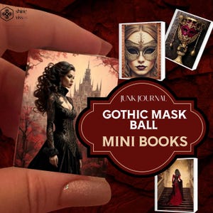 Mini Books, Vintage GOTHIC Masquerade Ball, Junk Journal Kit, Dark Academia, Ornament Gift, Miniature Folio, Black Printable, Victorian Mask