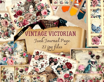 Vintage Victorian Set Digital Junk Journal Kit (Printable JPG Page Ephemera, Cover, Card, Fussy Cut, Tag) Old Fashion Rose Digital Scrapbook