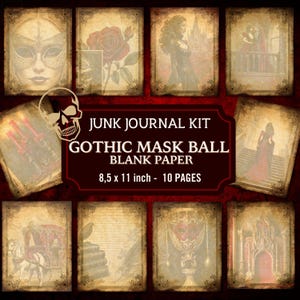 Papel en blanco para baile de máscaras gótico, kit de diario basura, máscara victoriana de Halloween, álbum de recortes, beige burdeos, negro imprimible, descarga digital