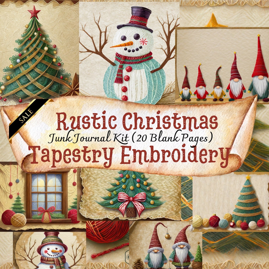Rustic Christmas Tapestry Embroidery Junk Journal Page, Digital